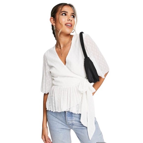 Business Casual Top Workwear Office White Swiss Dot Wrap Peplum Blouse Sz 2 - Picture 1 of 11